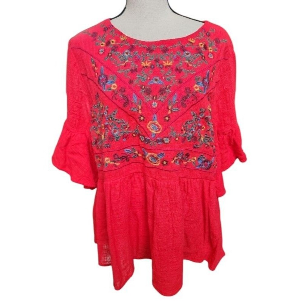 UMGEE Red Embroidered Flutter Sleeve Peasant Boho Blouse Size Large Lined
